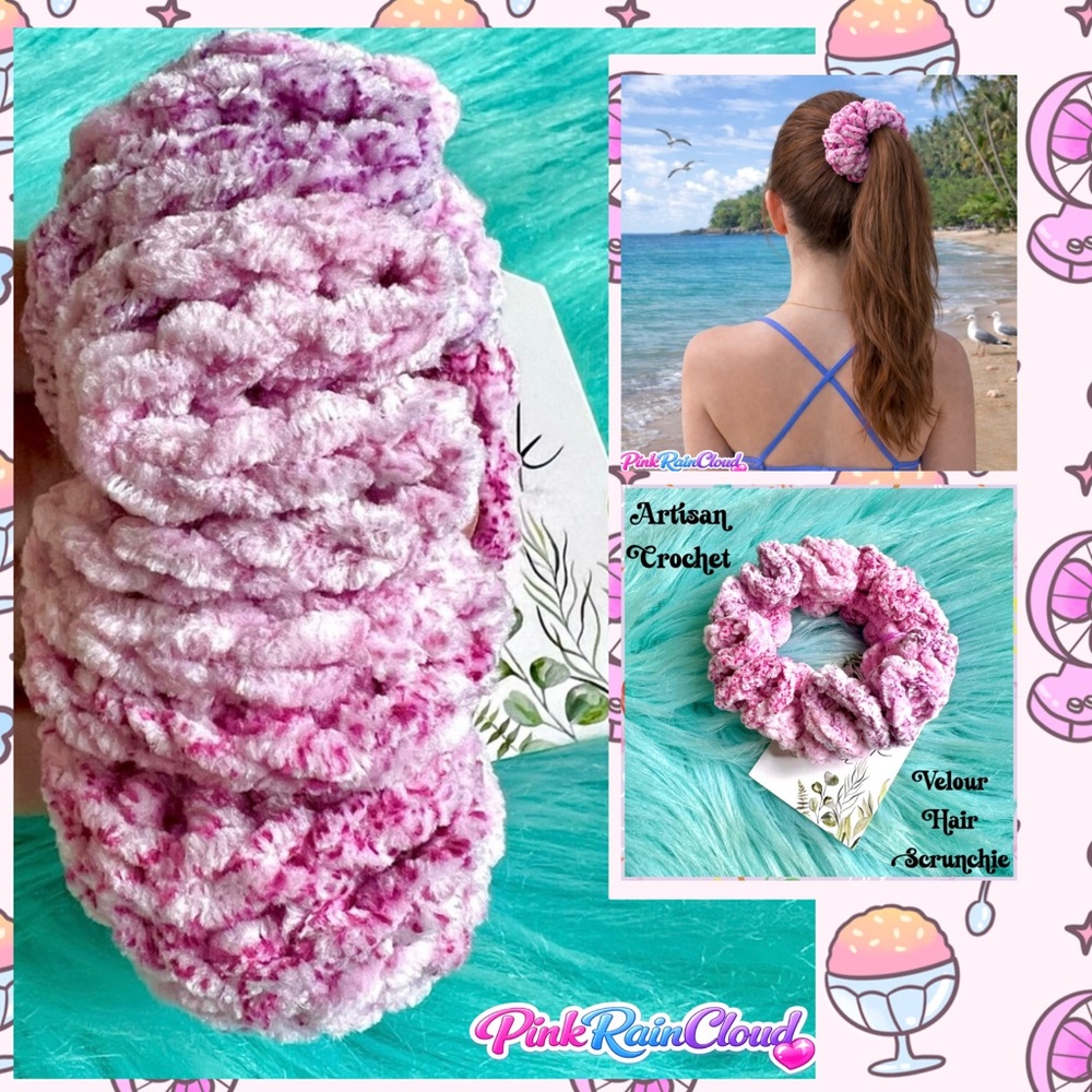 Handmade VELVET Sprinkle Pink Purple Small Scrunchie Crochet Hair Tie